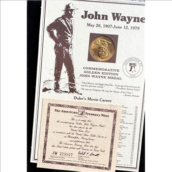JOHN WAYNE DUKE'S MOVIE CAREER COMMEMORATIVE COIN, CERTIFICATE AND COA