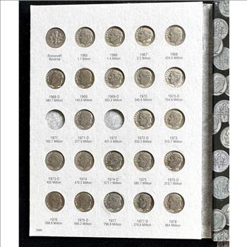 1965-1999 ROOSEVELT DIMES COIN SET, NEAR COMPLETE, HIGH QUALITY, IN A HARRIS COIN BOOK
