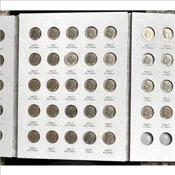 1965-1999 ROOSEVELT DIMES COIN SET, NEAR COMPLETE, HIGH QUALITY, IN A HARRIS COIN BOOK