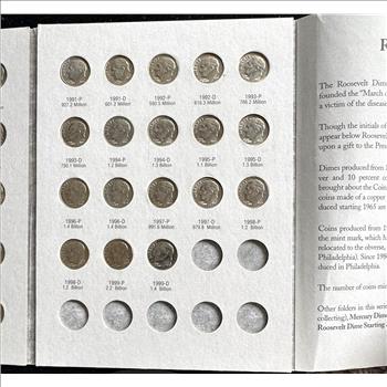 1965-1999 ROOSEVELT DIMES COIN SET, NEAR COMPLETE, HIGH QUALITY, IN A HARRIS COIN BOOK
