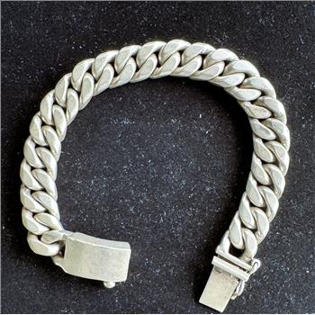 VINTAGE OLD QUALITY MADE & SIGNED MEXICO, CUBAN LINK SOLID (VERY HEAVY) (125g) BRACELET, .925 STERLING SILVER 9