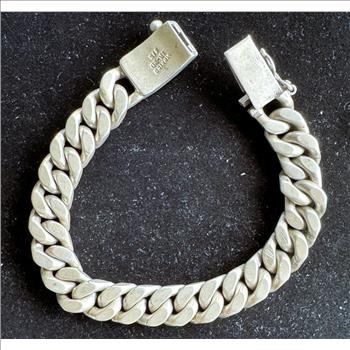 VINTAGE OLD QUALITY MADE & SIGNED MEXICO, CUBAN LINK SOLID (VERY HEAVY) (125g) BRACELET, .925 STERLING SILVER 9