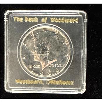 1966 SILVER KENNEDY HALF DOLLAR, BRIGHT SHINY HIGH DETAILS COIN IN A BANK OF WOODWARD OK. IN A HARD CASE