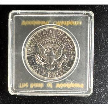 1966 SILVER KENNEDY HALF DOLLAR, BRIGHT SHINY HIGH DETAILS COIN IN A BANK OF WOODWARD OK. IN A HARD CASE