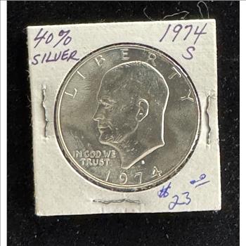 1974-S SILVER EISENHOWER $1 DOLLAR, BRIGHT SHINY UNC GEM COIN, HOLDER DISTORTS PHOTO