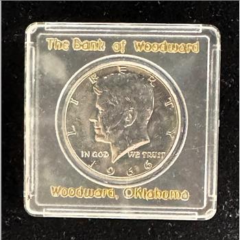 1966 SILVER KENNEDY HALF DOLLAR, BRIGHT SHINY COIN IN A BANK OF WOODWARD OK. IN A HARD CASE