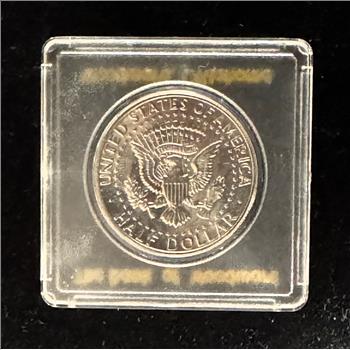 1966 SILVER KENNEDY HALF DOLLAR, BRIGHT SHINY COIN IN A BANK OF WOODWARD OK. IN A HARD CASE