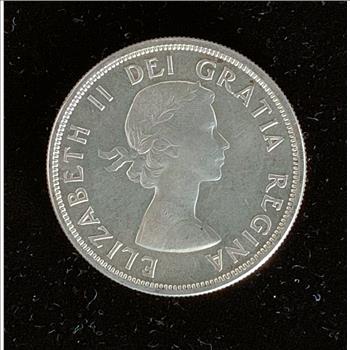 1858-1958 SILVER CANADIAN DOLLAR COIN, BRITISH COLUMBIA TOTEM POLE, UNC NICE