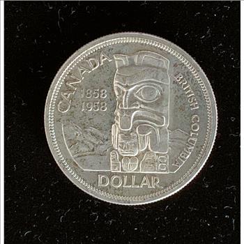 1858-1958 SILVER CANADIAN DOLLAR COIN, BRITISH COLUMBIA TOTEM POLE, UNC NICE