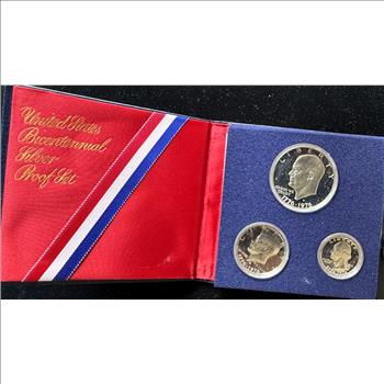 1776-1976-S BICENTENNIAL SILVER PROOF 3 COIN SET GEMS, IN OGP CAPSULES, SEALED CASE