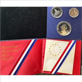 1776-1976-S BICENTENNIAL SILVER PROOF 3 COIN SET GEMS, IN OGP CAPSULES, SEALED CASE