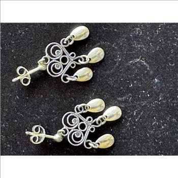 VINTAGE ESTATE .925 STERLING SILVER STUD POST HEART STYLE DANGLING EARRINGS