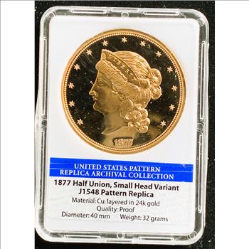 1877 $50 HALF UNION SMALL HEAD PATTERN REPLICA, AMERICAN MINT, 24K GOLD LAYERED COIN IN THE SLAB, COA