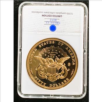 1877 $50 HALF UNION SMALL HEAD PATTERN REPLICA, AMERICAN MINT, 24K GOLD LAYERED COIN IN THE SLAB, COA