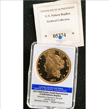 1877 $50 HALF UNION SMALL HEAD PATTERN REPLICA, AMERICAN MINT, 24K GOLD LAYERED COIN IN THE SLAB, COA
