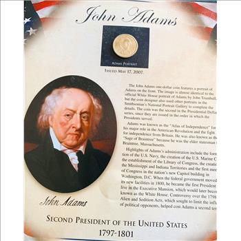 UNITED STATES PRESIDENTIAL POSTAL COMMEMORATIVE SOCIETY $1 DOLLAR COIN AND STAMPS COLLECTION, JOHN ADAMS