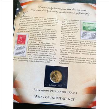 UNITED STATES PRESIDENTIAL POSTAL COMMEMORATIVE SOCIETY $1 DOLLAR COIN AND STAMPS COLLECTION, JOHN ADAMS