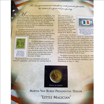 UNITED STATES PRESIDENTIAL POSTAL COMMEMORATIVE SOCIETY $1 DOLLAR COIN AND STAMPS COLLECTION, MARTIN VAN BUREN