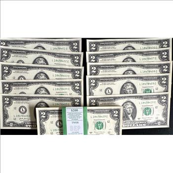 UNCIRCULATED 2017 A SERIES $2 DOLLAR NOTES (10) CONSECUTIVE SAN FRANCISCO SERIAL NUMBERS, (OUT OF B.E.P SHOWN)
