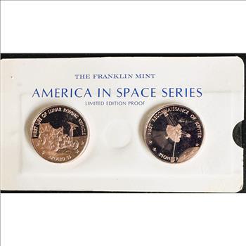 VINTAGE FRANKIN MINT AMERICA IN SPACE PROOF POLISHED APOLLO 15 AND PIONEER UNBLEMISHED COINS IN FILM SEALED ORIG PKG