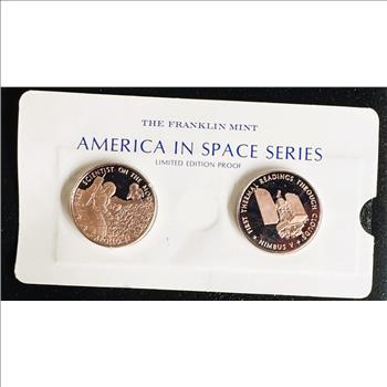 VINTAGE FRANKIN MINT AMERICA IN SPACE PROOF POLISHED APOLLO 17 AND NIMBUS UNBLEMISHED COINS IN FILM SEALED ORIG PKG
