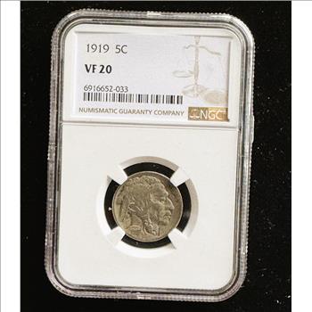 1919 INDIAN HEAD/BUFFALO NICKEL, NGC GRADED VF-20 COIN IN THE SLAB