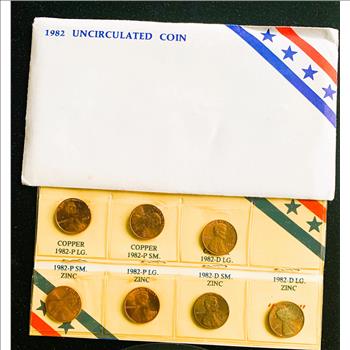 1982 LINCOLN CENT UNCIRCULATED COIN SET, P & D, SM & LG DATES, COPPER & ZINC BU IN ORIG PACKAGE