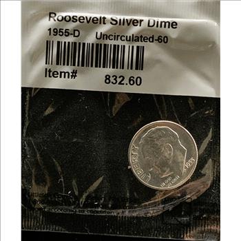 1955-D ROOSEVELT SILVER DIME, UNCIRCULATED MS-60, BRIGHT SHINY COIN IN SEALED PKG