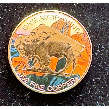 ONE AVDP OZ .999 FINE COPPER, PROOF COLORIZED AMERICAN INDIAN BUFFALO, BU COIN