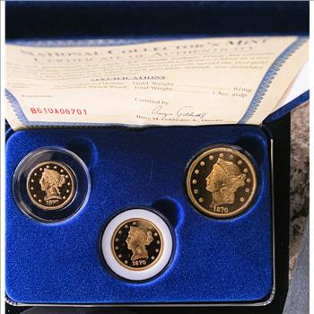 NAT COLLECT MINT, CC TRIBUTE PROOF 3 GOLD (61 MG GOLD) COIN SET, ORIG CASE 24K GP IN CAPSULES, VELVET CASE, COA