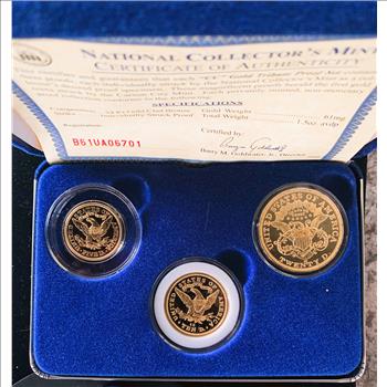 NAT COLLECT MINT, CC TRIBUTE PROOF 3 GOLD (61 MG GOLD) COIN SET, ORIG CASE 24K GP IN CAPSULES, VELVET CASE, COA