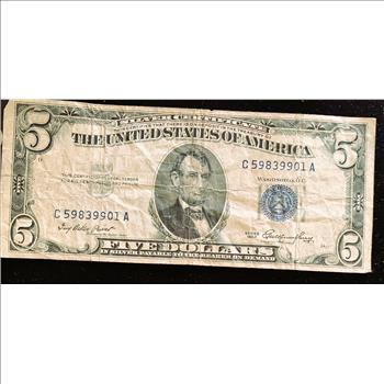 SILVER CERTIFICATE $5 DOLLAR, SERIES 1953, BLUE SEAL IN SLEVE