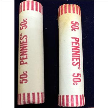 1981 (TWO) ROLLS OF 50 UNCIRCULATED COPPER LINCOLN PENNY COINS, LAST YEAR OF COPPER PENNIES, IN ORIGINAL BANK WRAPPERS