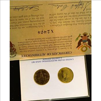 THE BICENTENNIAL GOLD SET, 2 BU 23K GOLD ELECTROPLATED KENNEDY HALF DOLLAR COINS & A 23K SOLID GOLD STAMP, WITH COA & DISPLAY HOLDER, REALLY NICE