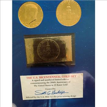 THE BICENTENNIAL GOLD SET, 2 BU 23K GOLD ELECTROPLATED KENNEDY HALF DOLLAR COINS & A 23K SOLID GOLD STAMP, WITH COA & DISPLAY HOLDER, REALLY NICE