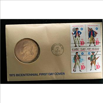 1975 BICENTENNIAL FIRST DAY ISSUE, COPPER COIN & STAMPED ENV, PAPERWORK