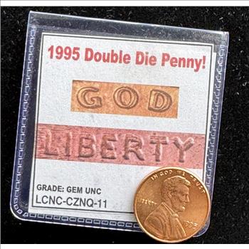 ERROR COIN, 1995 DDO DOUBLE DIE LINCOLN PENNY, GRADE BU GEM WITH COA
