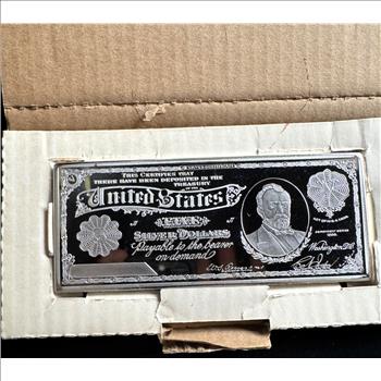 SCARCE FIND (ONLY 1), 1 TROY POUND .999 FINE SILVER, PROOF-LIKE US $ FIVE DOLLAR SILVER ON OBVERSE SIDE & 1886 SIVER CERTIFICATE ON REVERSE SIDE, SERIAL #08025. NEW PHOTOS POSTED, IN ORIG BOX & INSCRIPTION ON BAR SIDE