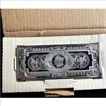 SCARCE FIND (ONLY 1), 1 TROY POUND .999 FINE SILVER, PROOF-LIKE US $ FIVE DOLLAR SILVER ON OBVERSE SIDE & 1886 SIVER CERTIFICATE ON REVERSE SIDE, SERIAL #08025. NEW PHOTOS POSTED, IN ORIG BOX & INSCRIPTION ON BAR SIDE
