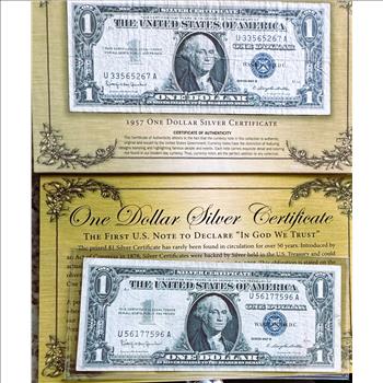 1957 B SERIES (two) $1 DOLLAR SILVER CERTIFICATES, FIRST US NOTE TO DECLARE 