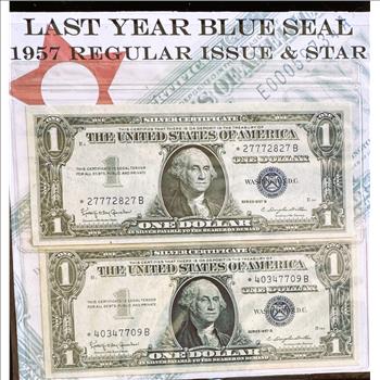1957 B SERIES (two) $1 DOLLAR (STAR NOTES, SILVER CERTIFICATES, BLUE SEALS)  LAST YEAR BLUE SEALS, SEALED IN NICE DISPLAY FOLDER, APPEARS TO BE CRISP AU, COA