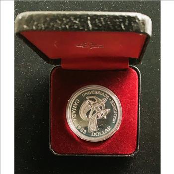 1983 CANADA EDMONTON UNIVERSIADE GAMES, $1 DOLLAR SILVER DCAM PROOF, LUSTROUS GEM COIN IN ORIG RCM CAPSULE/HOLDER