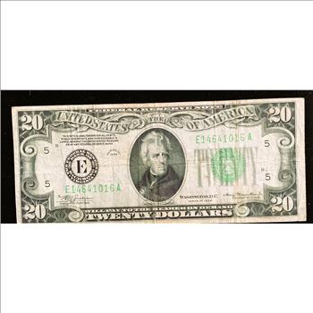 1934 SERIES $20 DOLLAR FEDERAL RESERVE NOTE. GREEN SEAL, RICHMOND VIRGINIA, AU NICE IN SLEVE
