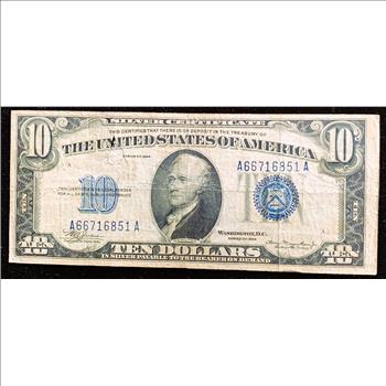 1934 SERIES $10 DOLLAR SILVER CERTIFICATE, LARGE BLUE SEAL, SMALL HOLE ABOVE N IN UNITED