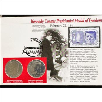 1990 P & D BU KENNEDY HALF DOLLARS, KENNEDY CREATES PRES MEDAL OF FREEDOM SEALED COINS AND STAMP SET SET 