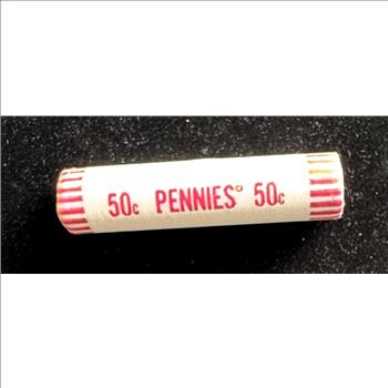 1981 ROLL OF 50 UNCIRCULATED COPPER LINCOLN PENNY COINS, LAST YEAR OF COPPER PENNIES, IN ORIGINAL BANK WRAPPER
