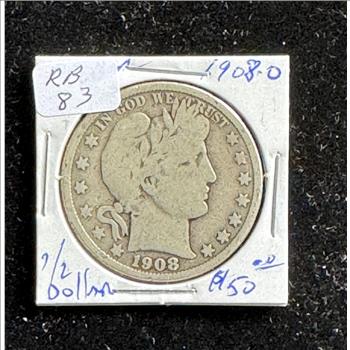 1908-O BARBER SILVER HALF DOLLAR COIN