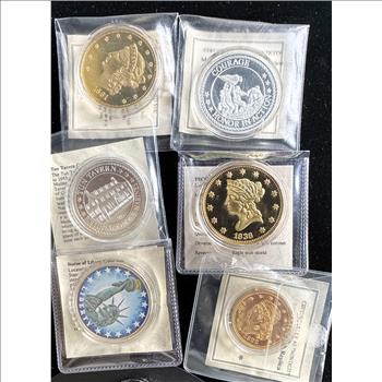 AMERICAN MINT 6 COIN REPLICA COLLECTION, INCLUDING PROOFS, COLORIZED, MARINE CORPS, GOLD PLATED, ETC., ALL IN CAPSULES, UNC WITH COA