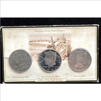 1991 KENNEDY HALF DOLLARS 3 COIN SET PROOF & UNC, S, D, P MINTS IN A SEALED IN A OPERATION DESERT STORM INFORMATION PKG