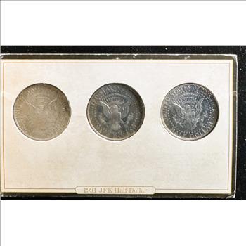 1991 KENNEDY HALF DOLLARS 3 COIN SET PROOF & UNC, S, D, P MINTS IN A SEALED IN A OPERATION DESERT STORM INFORMATION PKG